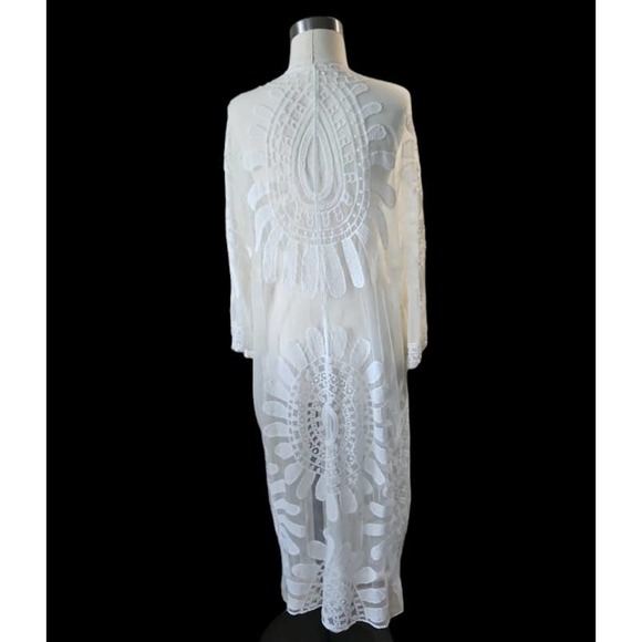 White Embroidered Lace Duster Kimono Long Coverup See through - Picture 3 of 8